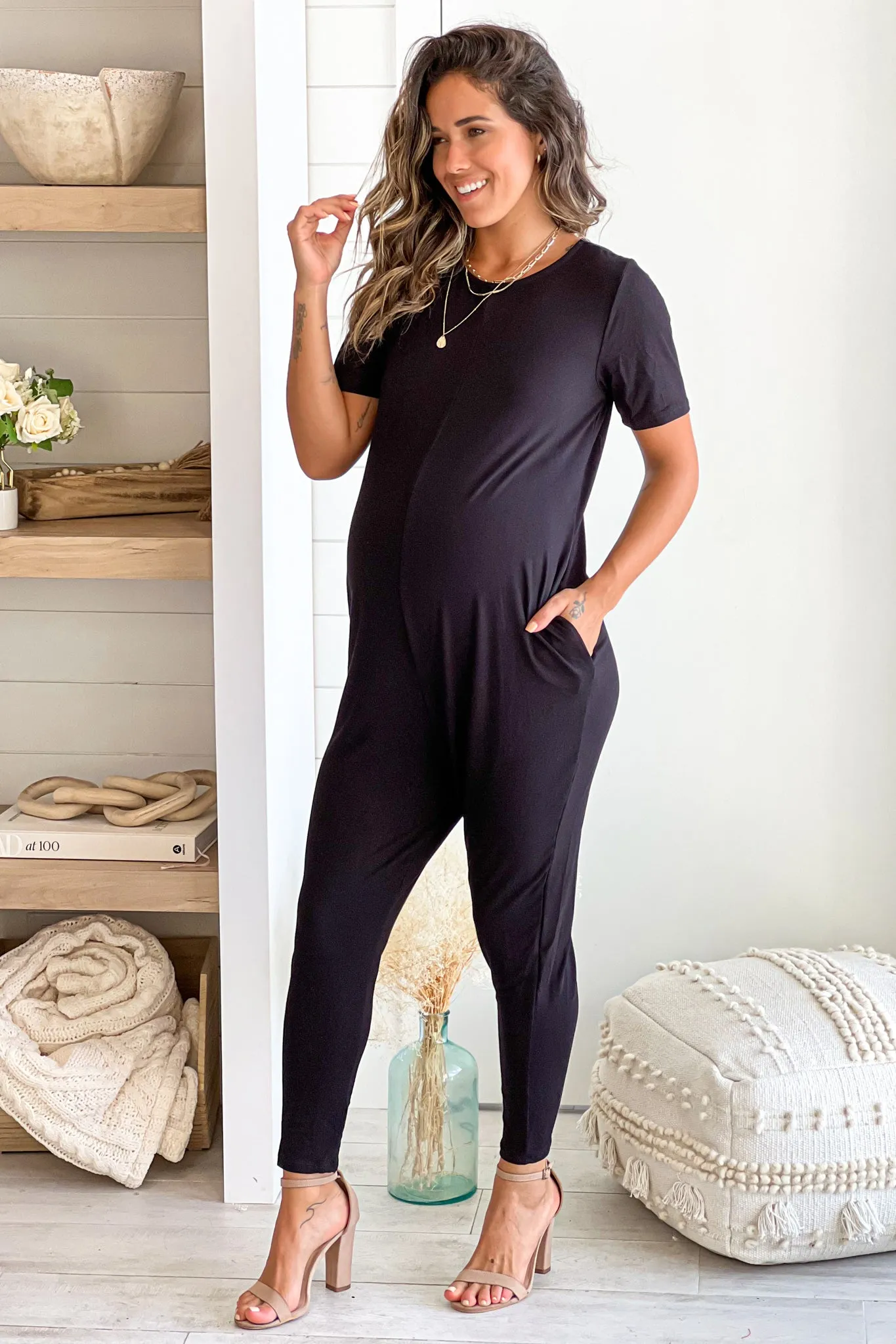 Black Maternity Jumpsuit With Pockets And Short Sleeves