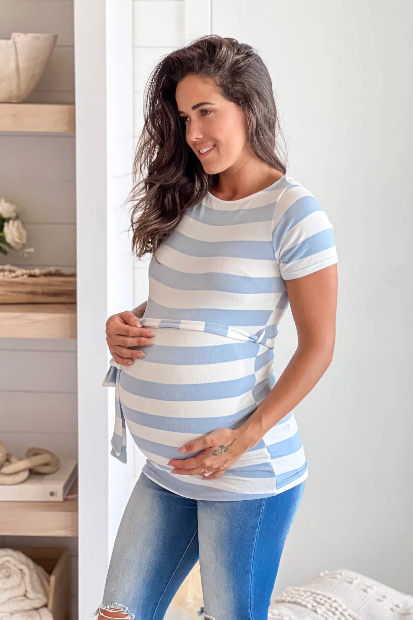 Blue Striped Maternity Top With Belt