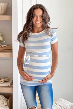 Blue Striped Maternity Top With Belt