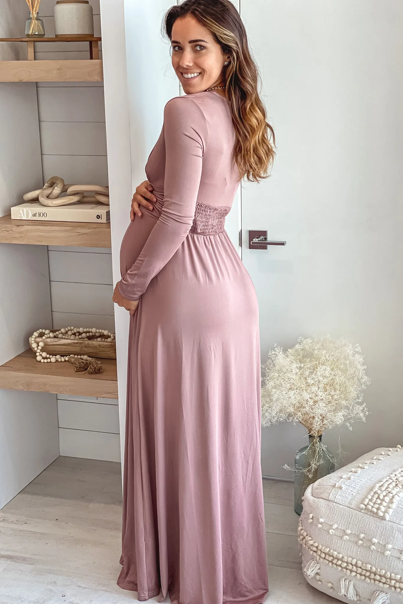 Blush Maternity Maxi Dress with Long Sleeves