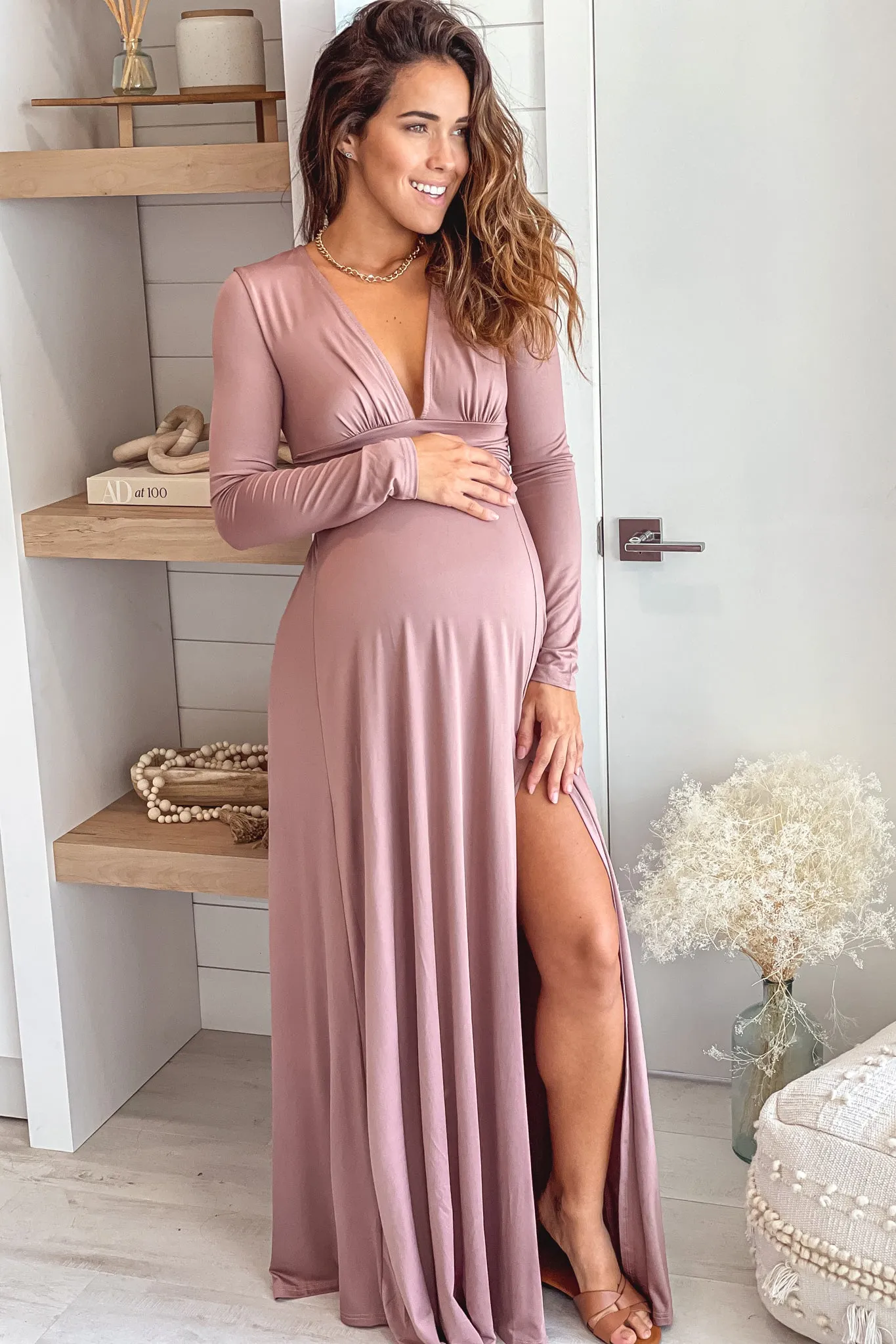 Blush Maternity Maxi Dress with Long Sleeves