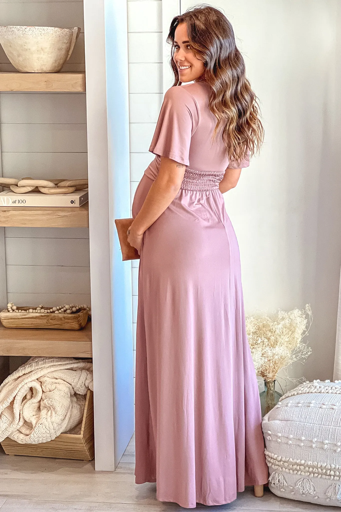 Blush Maternity Maxi Dress with Slit and Short Sleeves