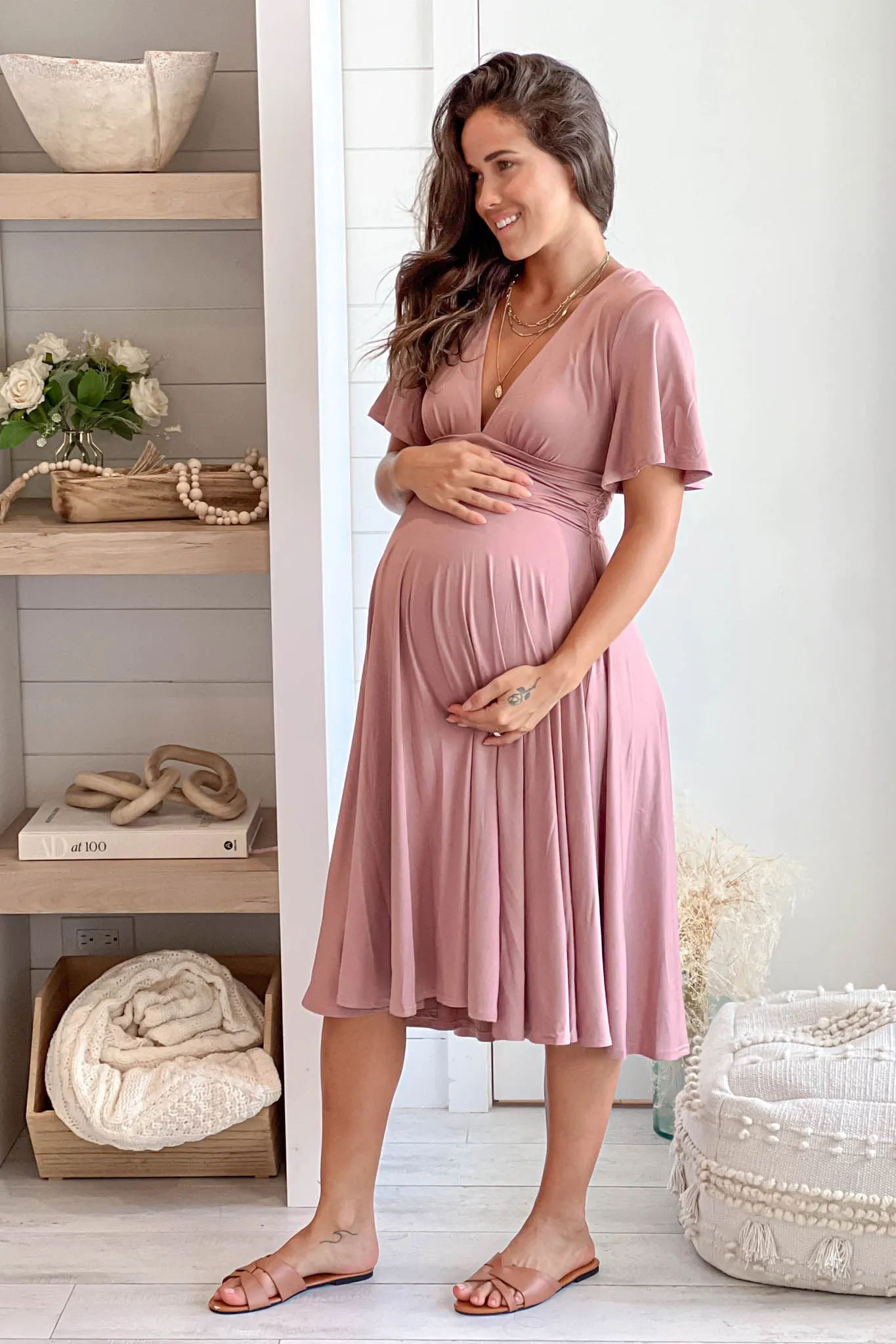 Blush Maternity Midi Dress With Short Sleeves