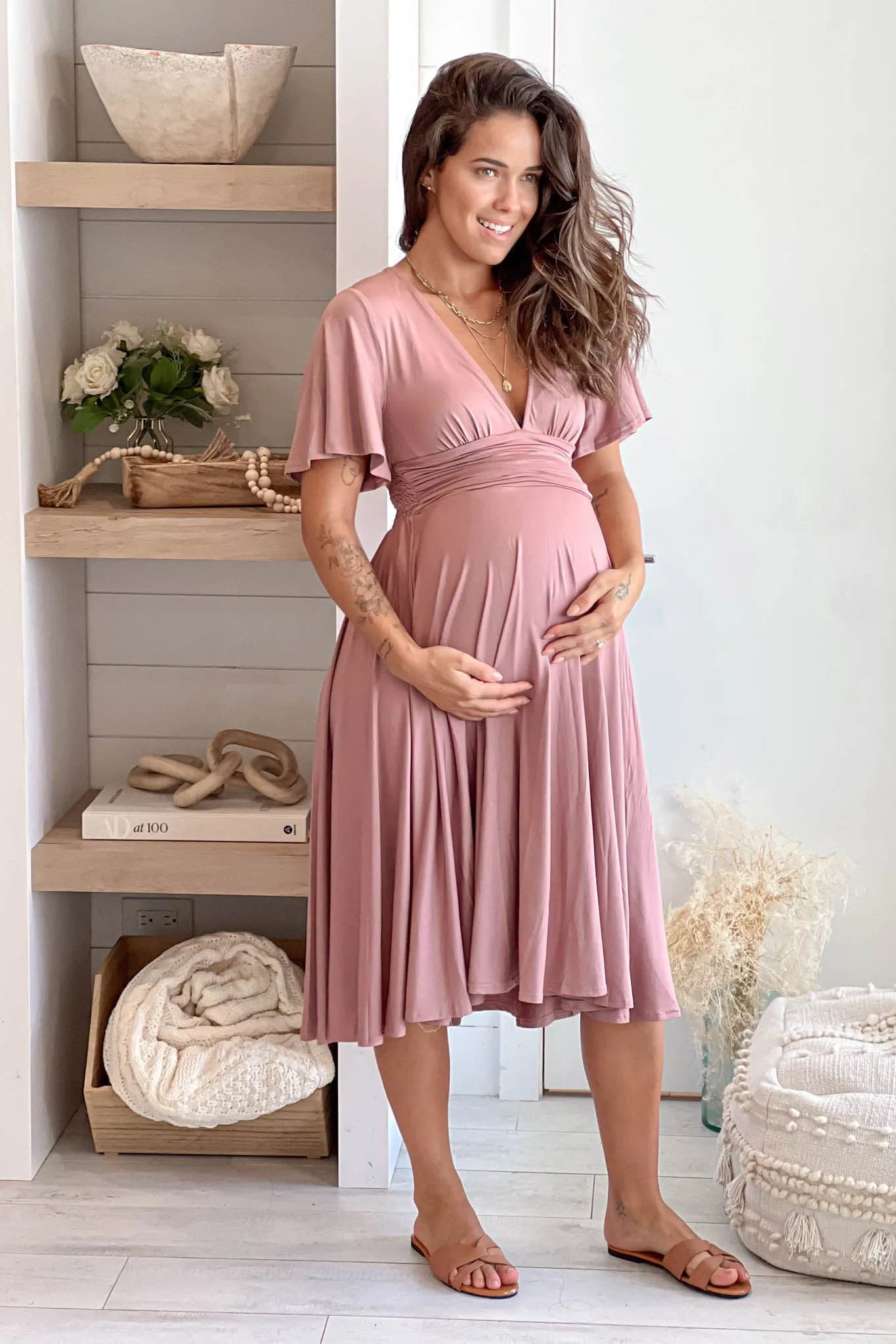 Blush Maternity Midi Dress With Short Sleeves