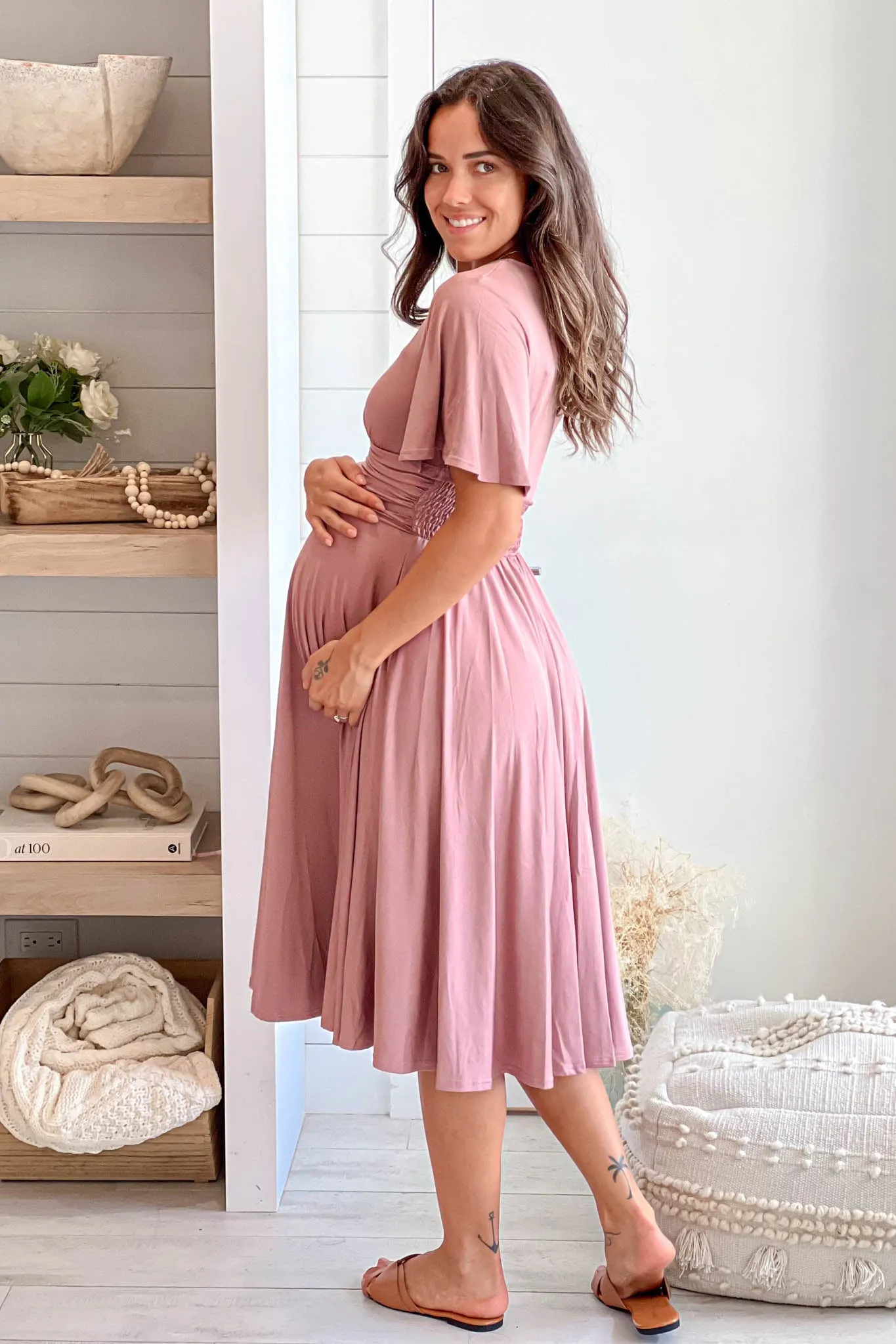 Blush Maternity Midi Dress With Short Sleeves