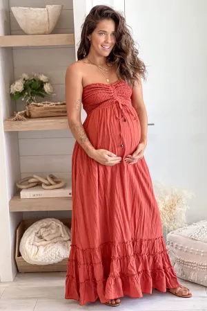 Brick Strapless Smocked Top Maternity Maxi Dress