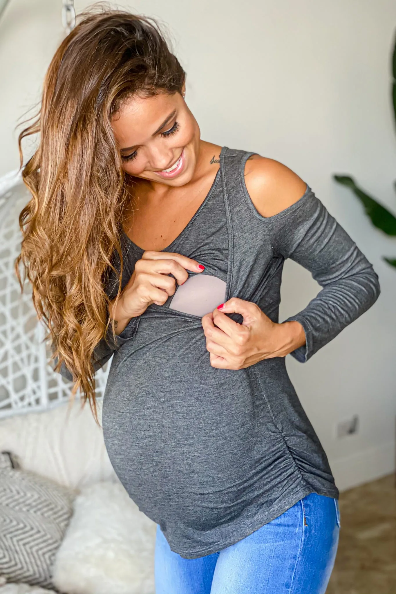 Charcoal Maternity Top with Open Shoulder