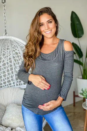 Charcoal Maternity Top with Open Shoulder