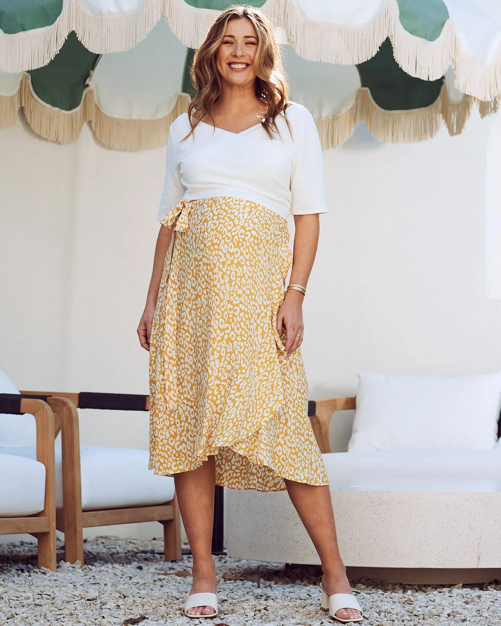 Christie Maternity Wrap Midi Skirt in Yellow Animal Print