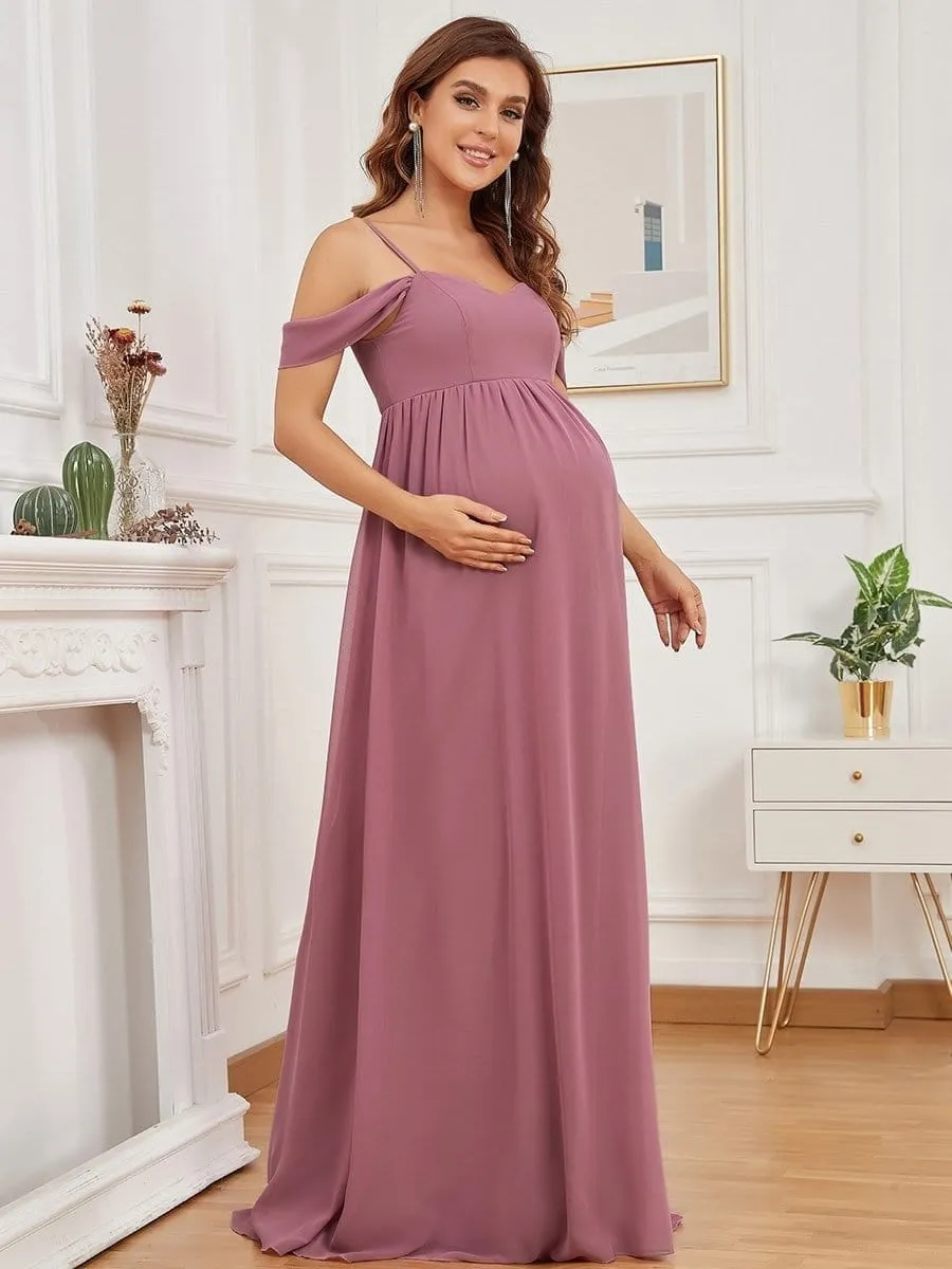 Cold-Shoulder Spaghetti Strap V-Neck A-Line Maternity Dress