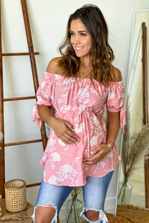 Coral and White Off Shoulder Maternity Top