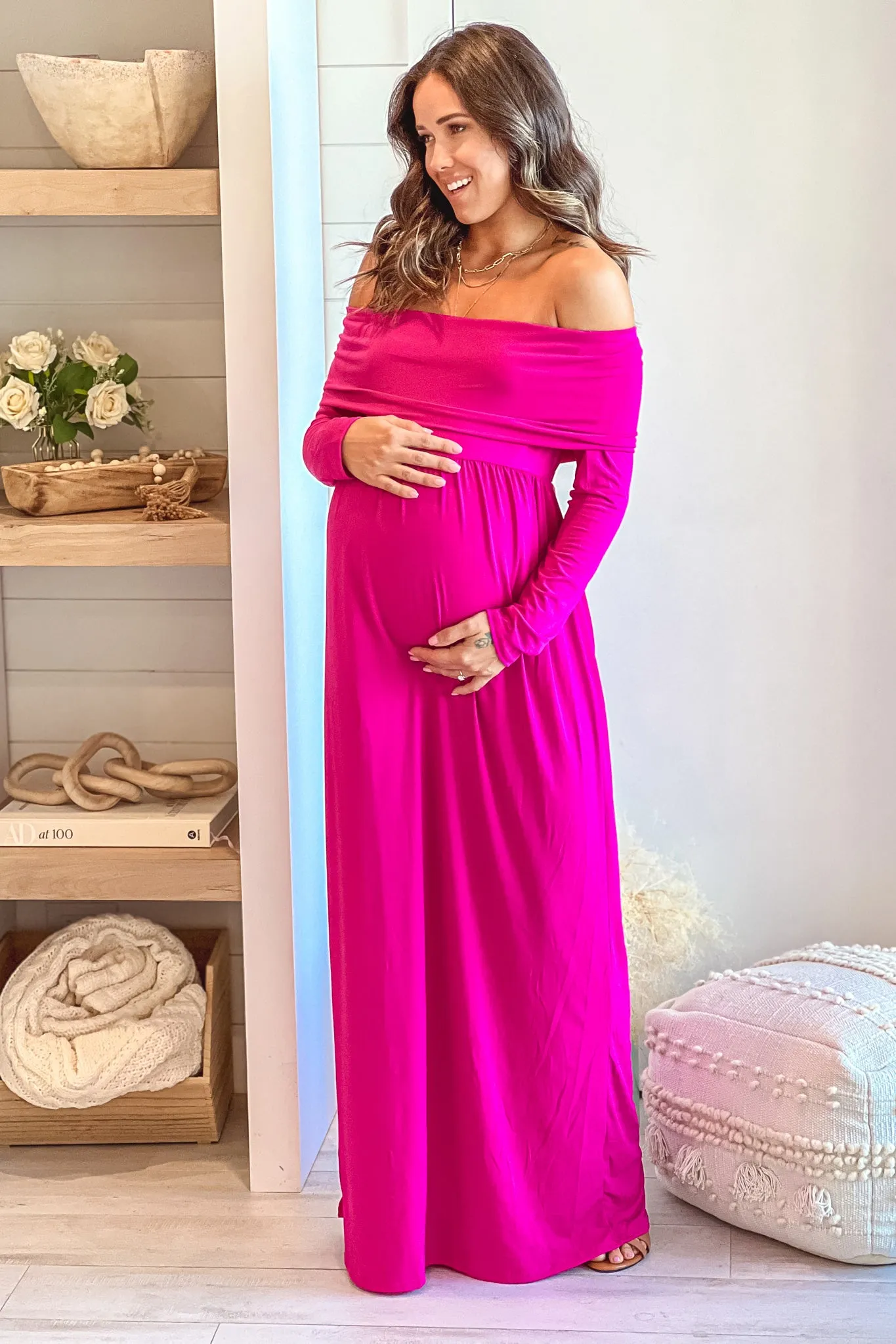 Fuchsia Off Shoulder Maternity Maxi Dress With Long Sleeves