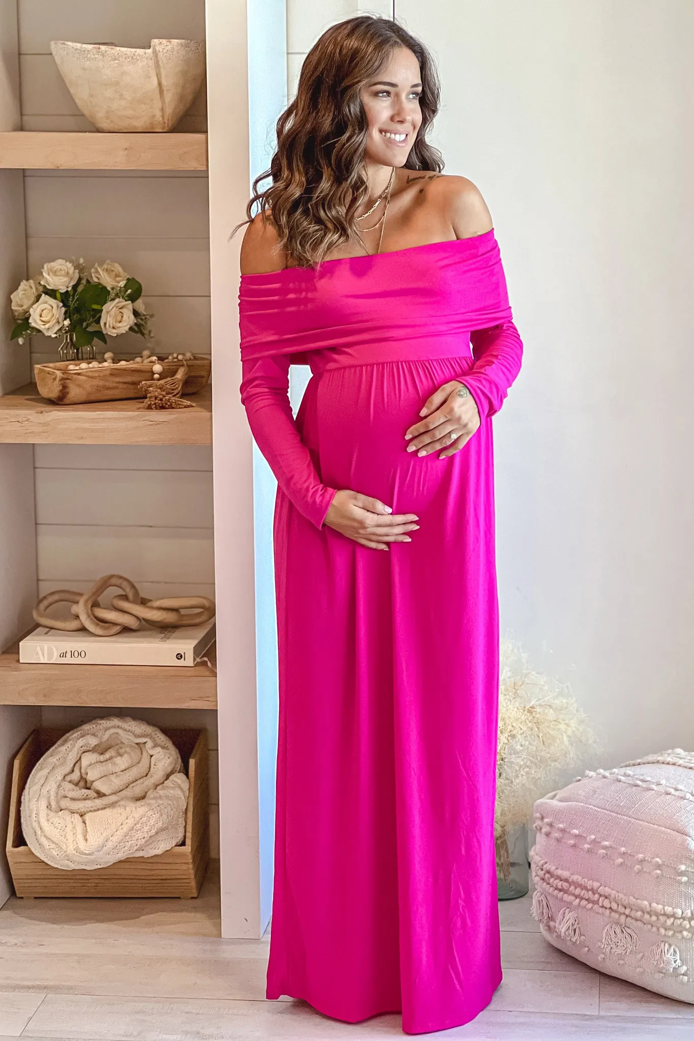 Fuchsia Off Shoulder Maternity Maxi Dress With Long Sleeves