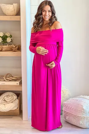 Fuchsia Off Shoulder Maternity Maxi Dress With Long Sleeves