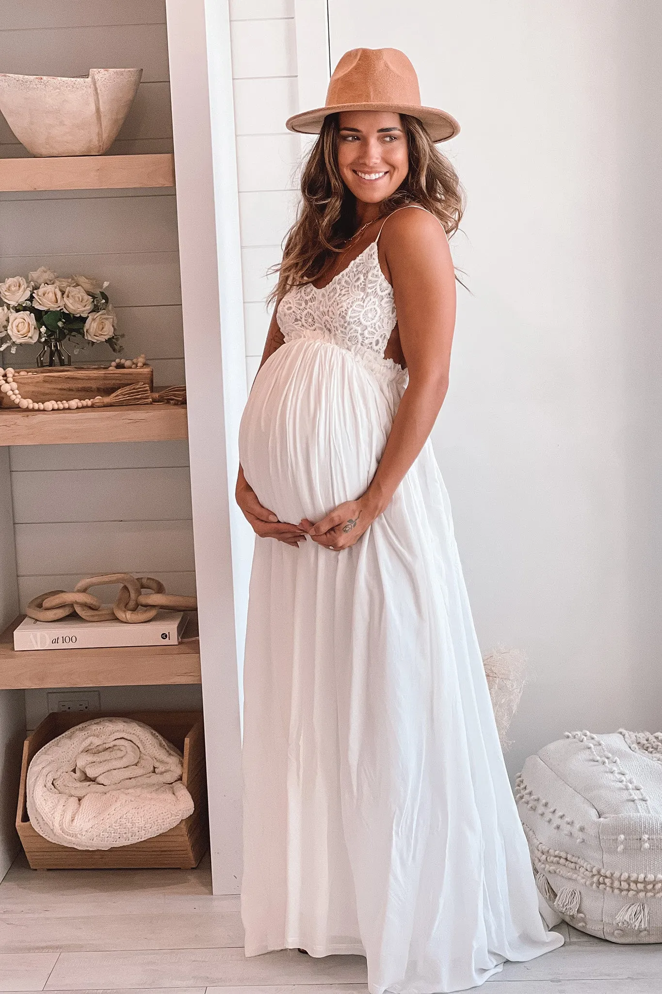 Ivory Crochet Top Maternity Maxi Dress With Open Back