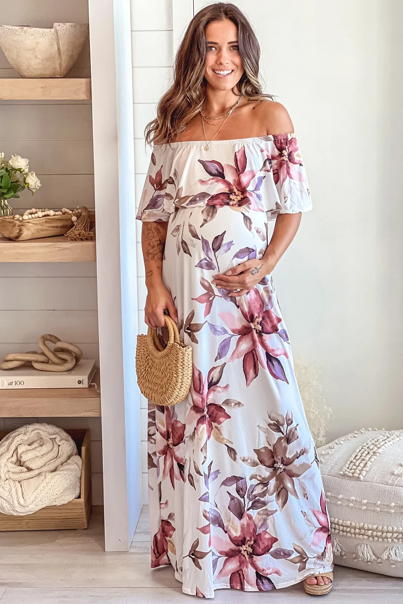 Ivory Floral Off Shoulder Maternity Maxi Dress