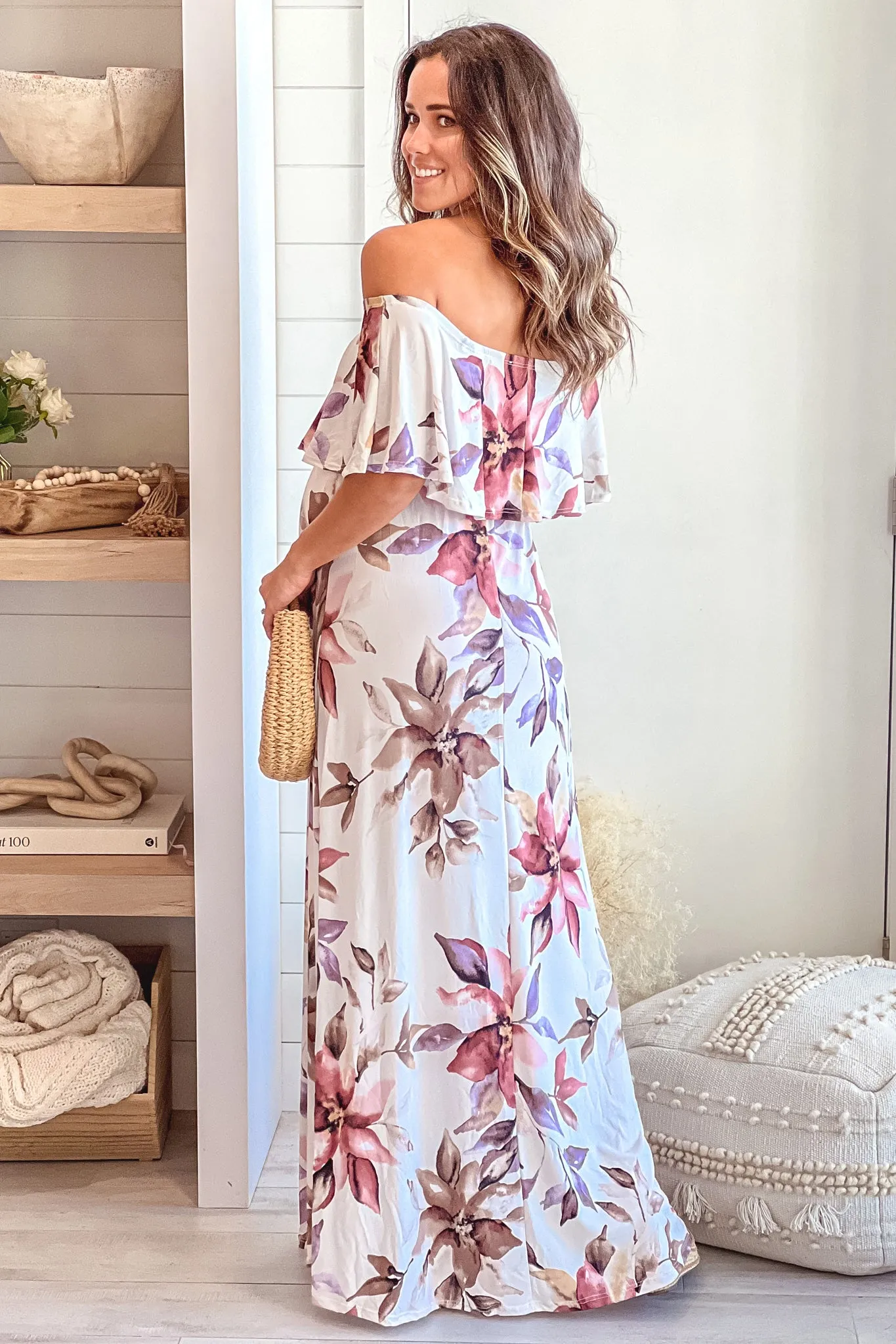 Ivory Floral Off Shoulder Maternity Maxi Dress