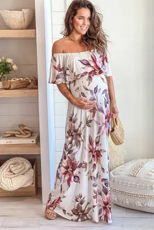 Ivory Floral Off Shoulder Maternity Maxi Dress