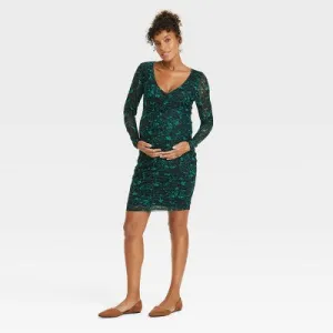 Long Sleeve Mesh Mini Maternity Bodycon Dress - Isabel Maternity by Ingrid & Isabel Green