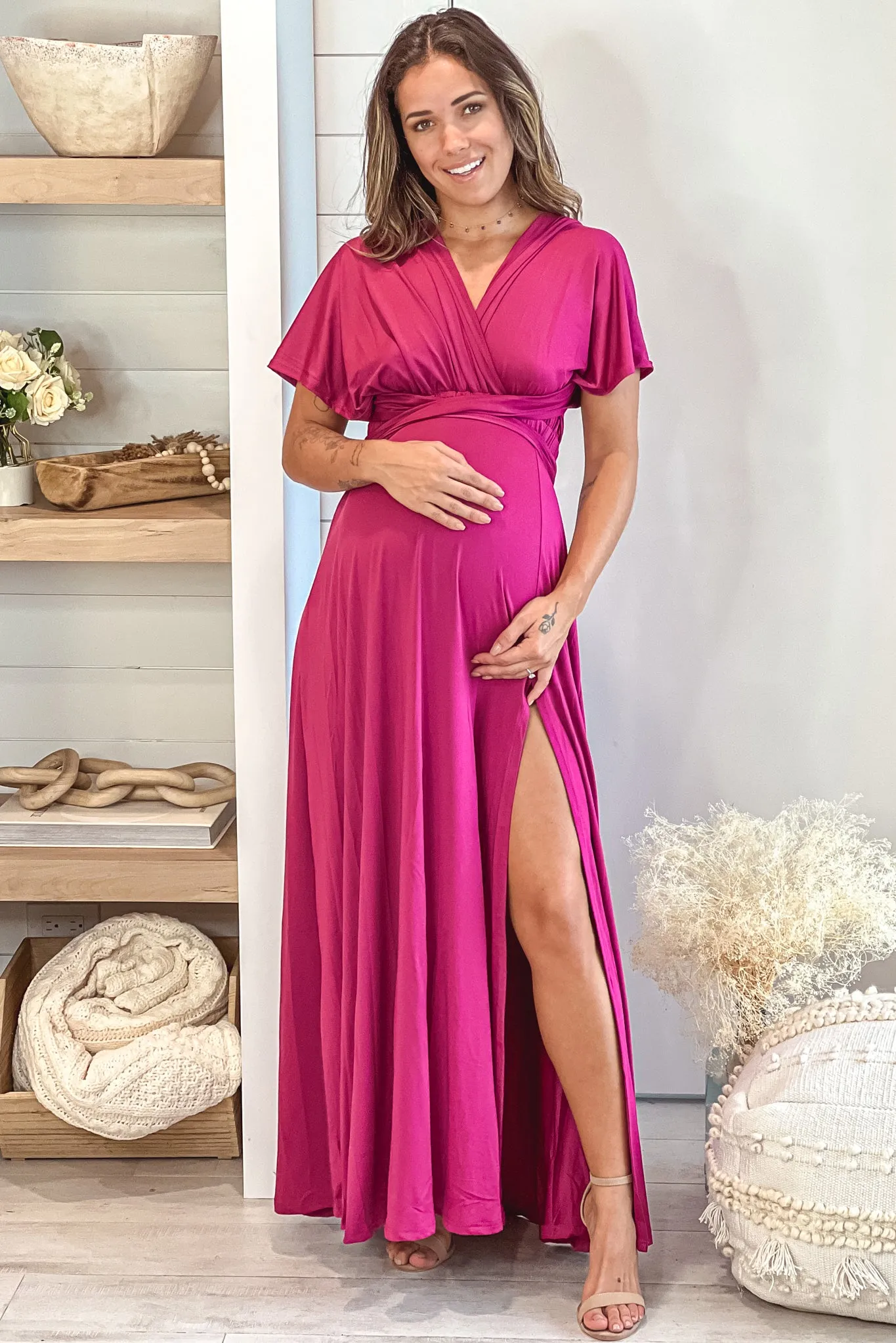 Magenta Multi Tie Maternity Maxi Dress