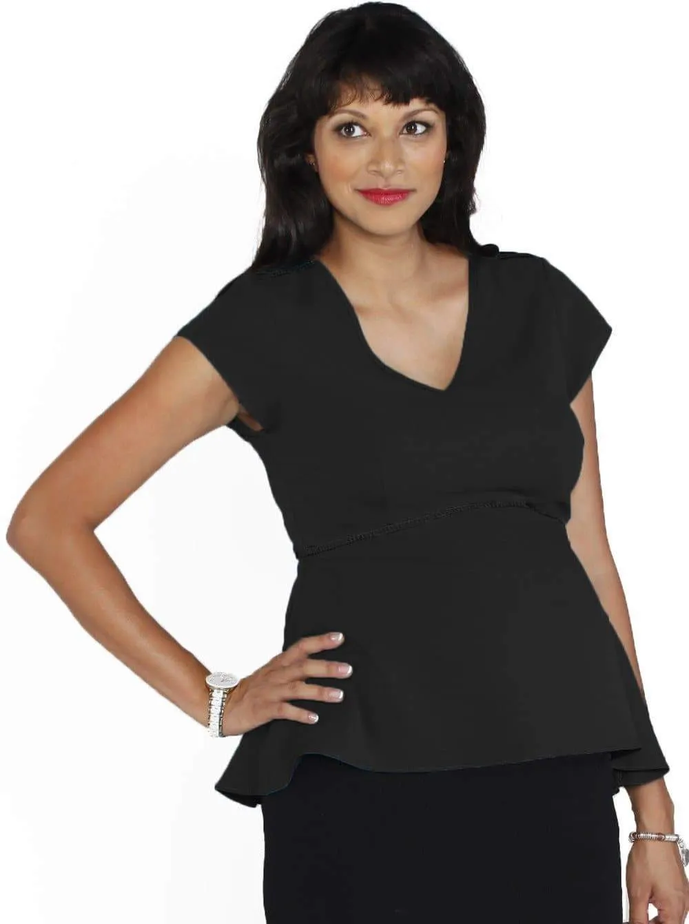 Maternity Dressy Short Sleeve Work Top - Black/ White