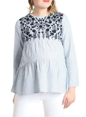 Maternity Embroidered Blouse - Blue Striped