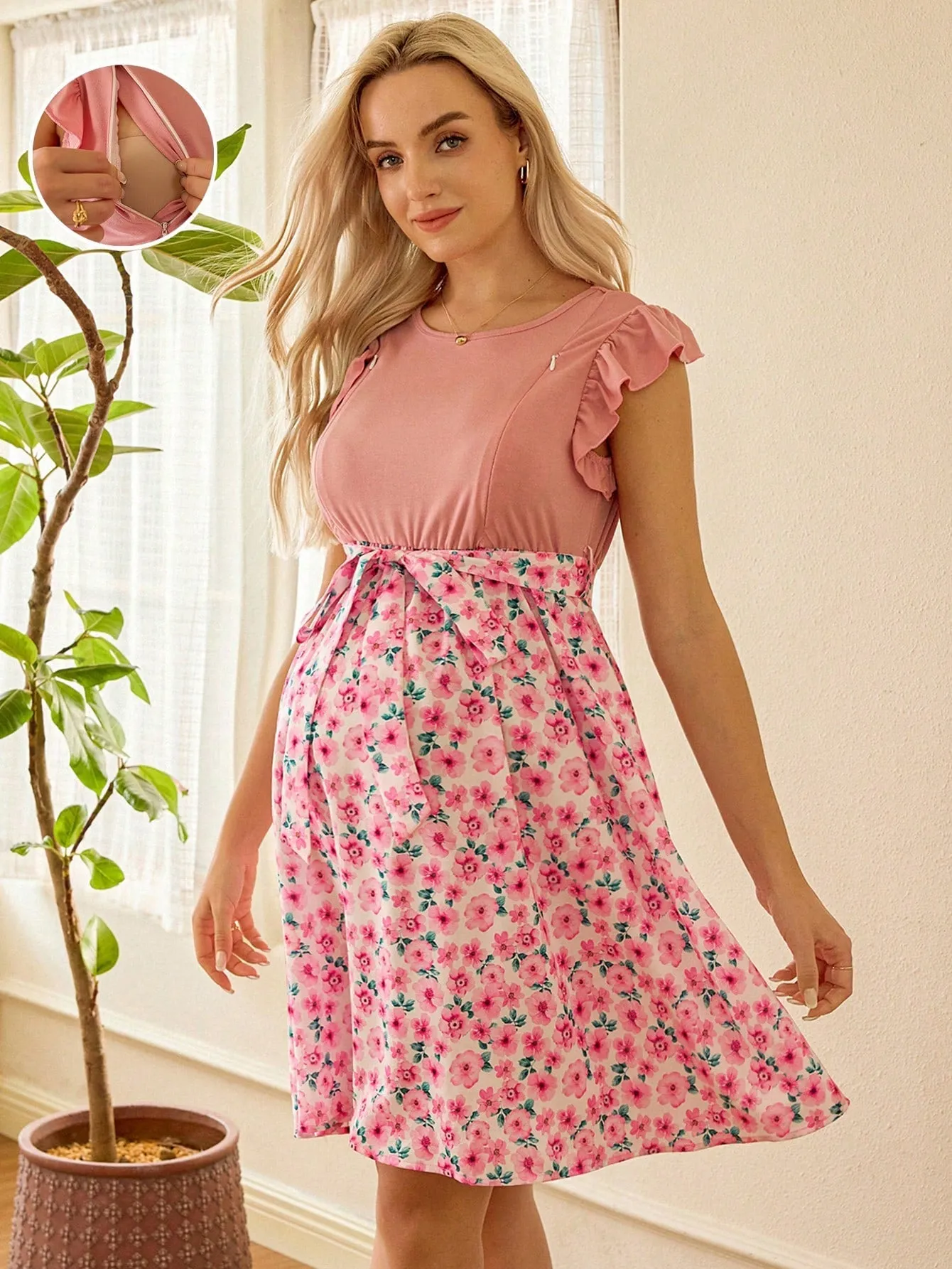 Maternity Patchwork Floral Print Round Neck Cap Sleeve Nursing Dress