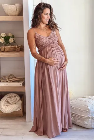 Mocha Crochet Top Maternity Maxi Dress with Frayed Hem