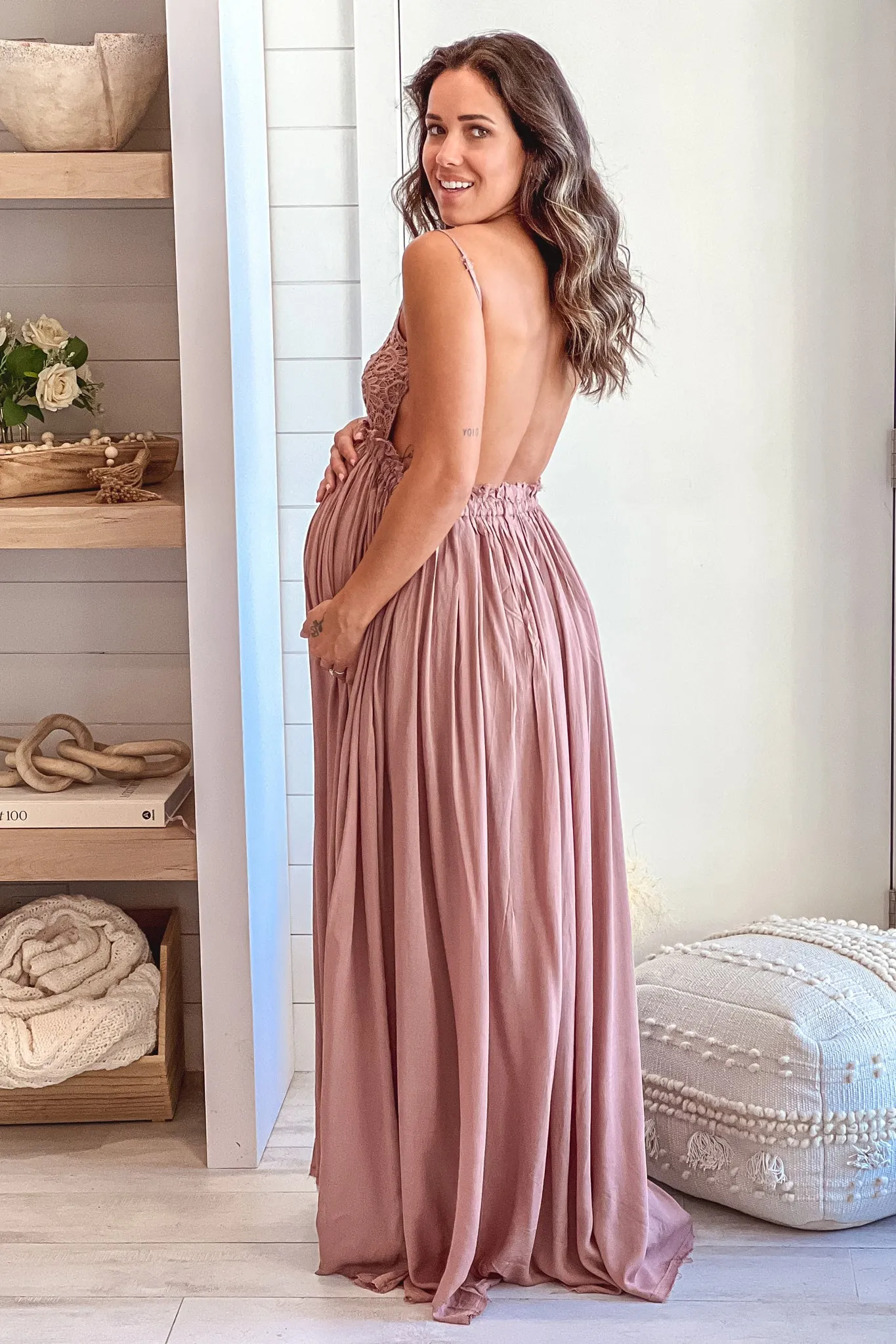 Mocha Crochet Top Maternity Maxi Dress with Frayed Hem