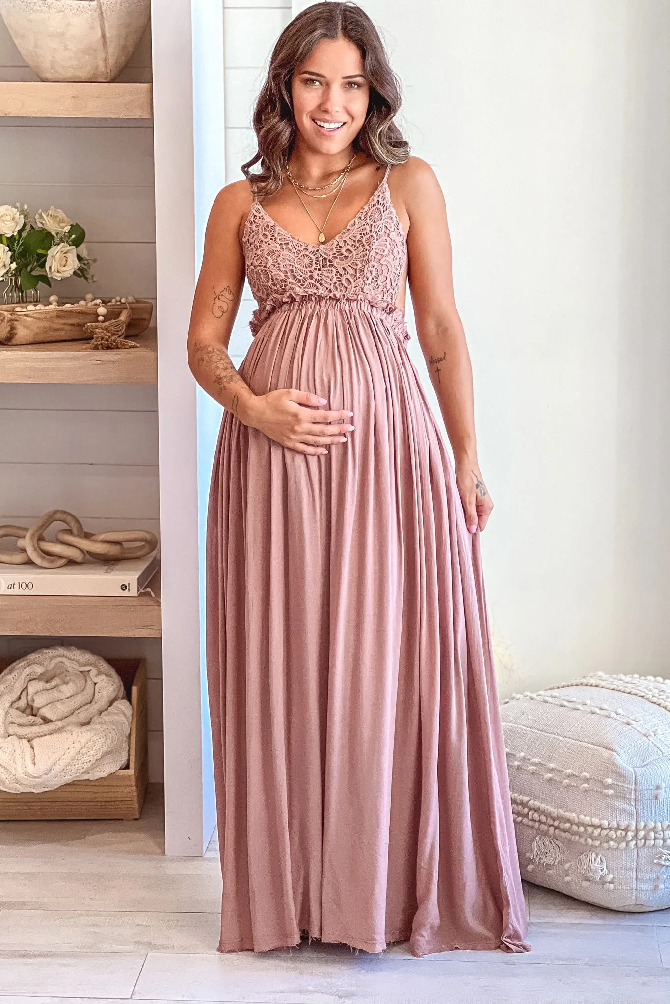 Mocha Crochet Top Maternity Maxi Dress with Frayed Hem