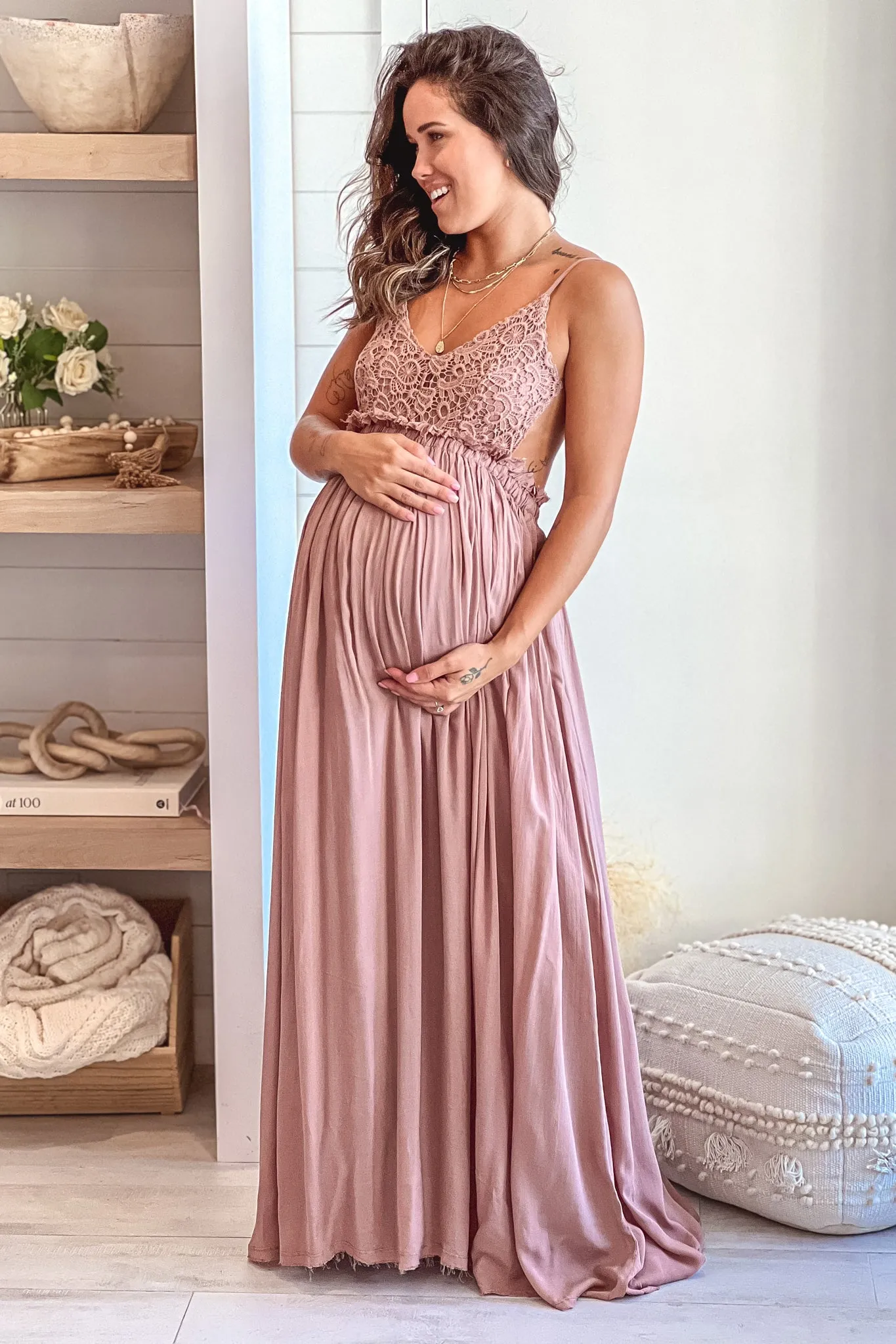 Mocha Crochet Top Maternity Maxi Dress with Frayed Hem