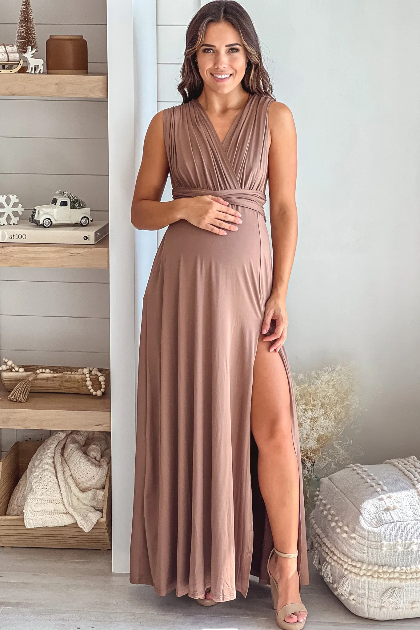 Mocha Multi Tie Maternity Maxi Dress