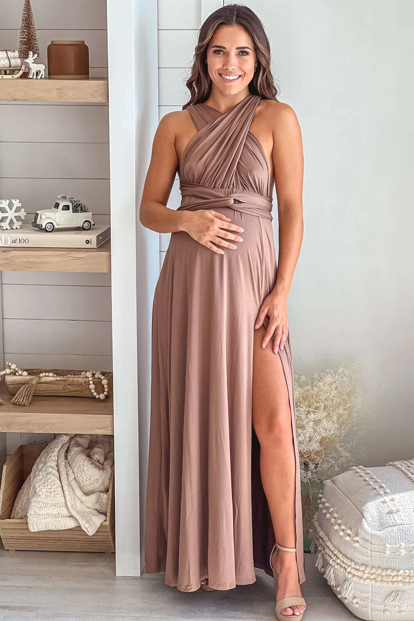 Mocha Multi Tie Maternity Maxi Dress