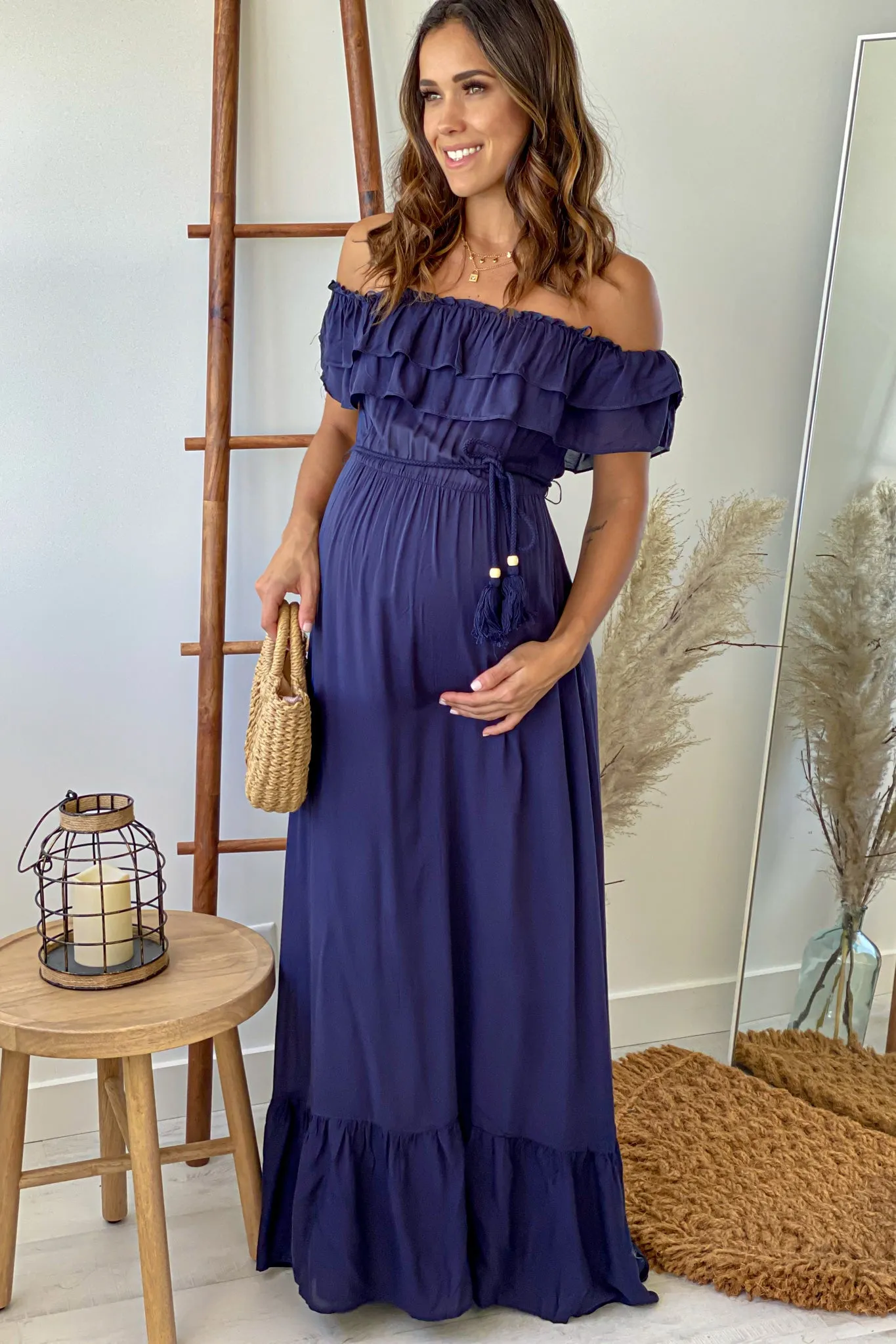 Navy Off Shoulder Waist Tie Maternity Maxi Dress