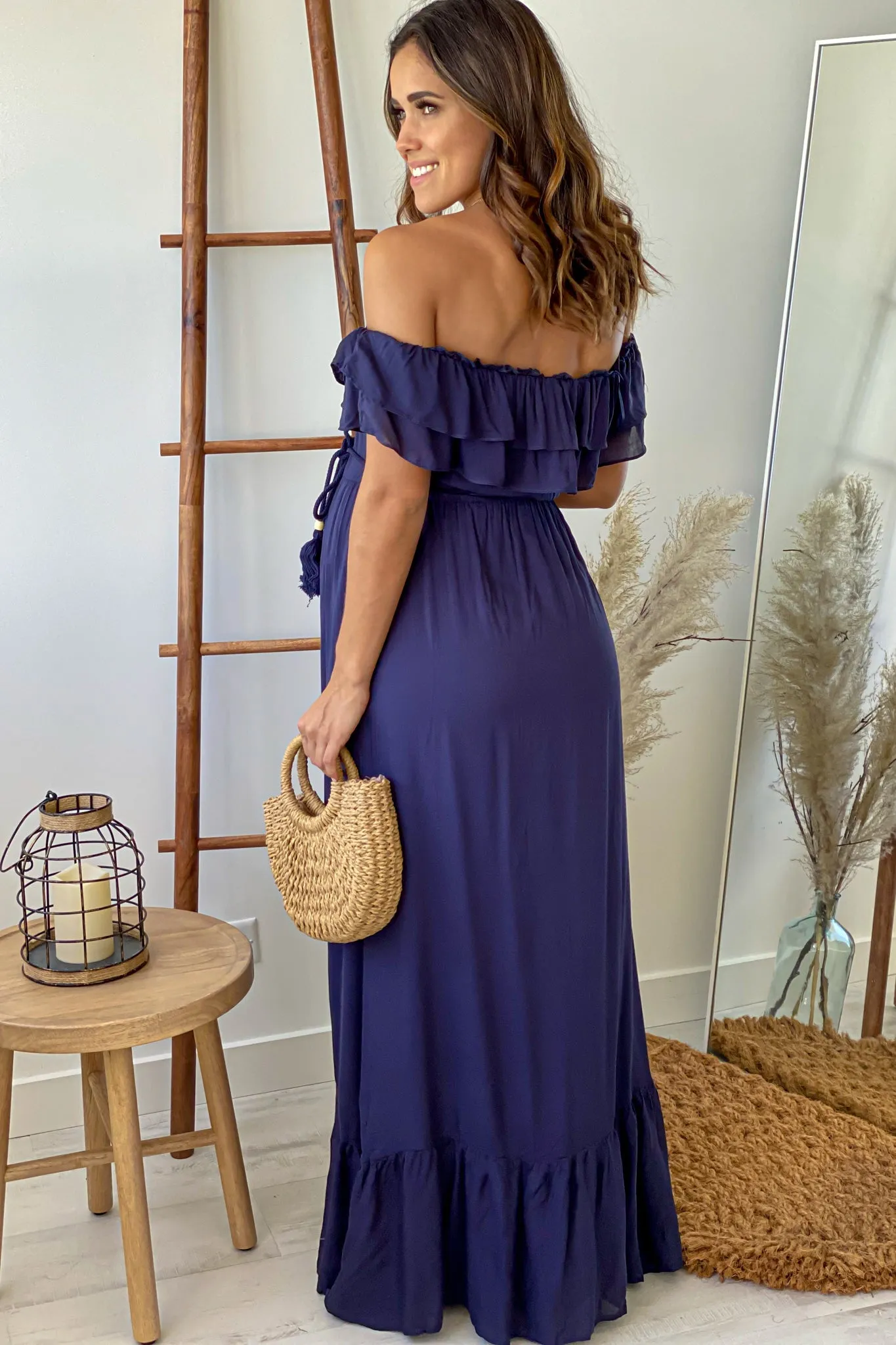 Navy Off Shoulder Waist Tie Maternity Maxi Dress