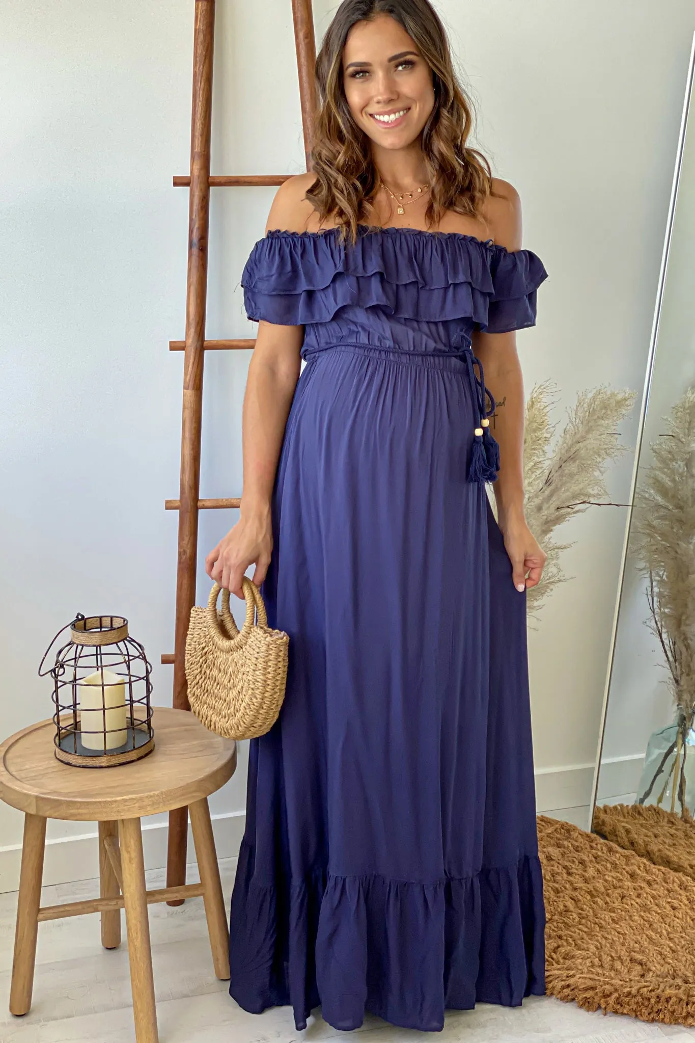 Navy Off Shoulder Waist Tie Maternity Maxi Dress