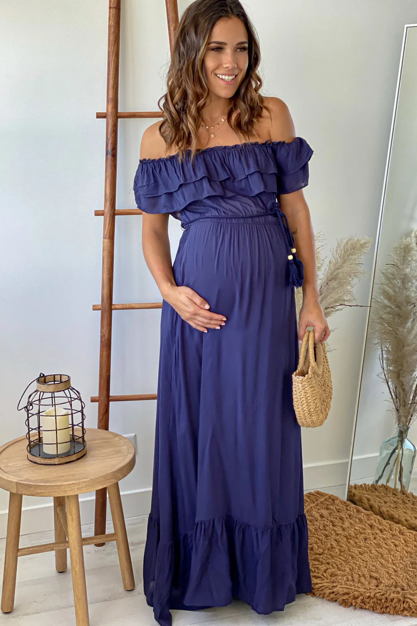 Navy Off Shoulder Waist Tie Maternity Maxi Dress