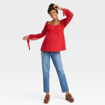 New - Long Sleeve Corsetry Woven Maternity Shirt - Isabel Maternity by Ingrid & Isabel Red XL