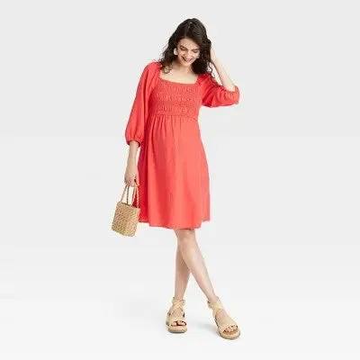 New - Puff Elbow Sleeve Smocked Linen Mini Maternity Dress - Isabel Maternity by Ingrid & Isabel Coral Red XXL