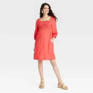 New - Puff Elbow Sleeve Smocked Linen Mini Maternity Dress - Isabel Maternity by Ingrid & Isabel Coral Red XXL