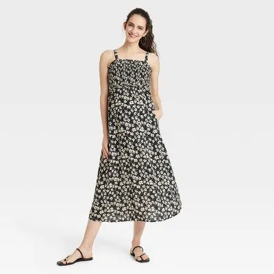 New - Sleeveless Smocked Midi Maternity Dress - Isabel Maternity by Ingrid & Isabel Black Floral S