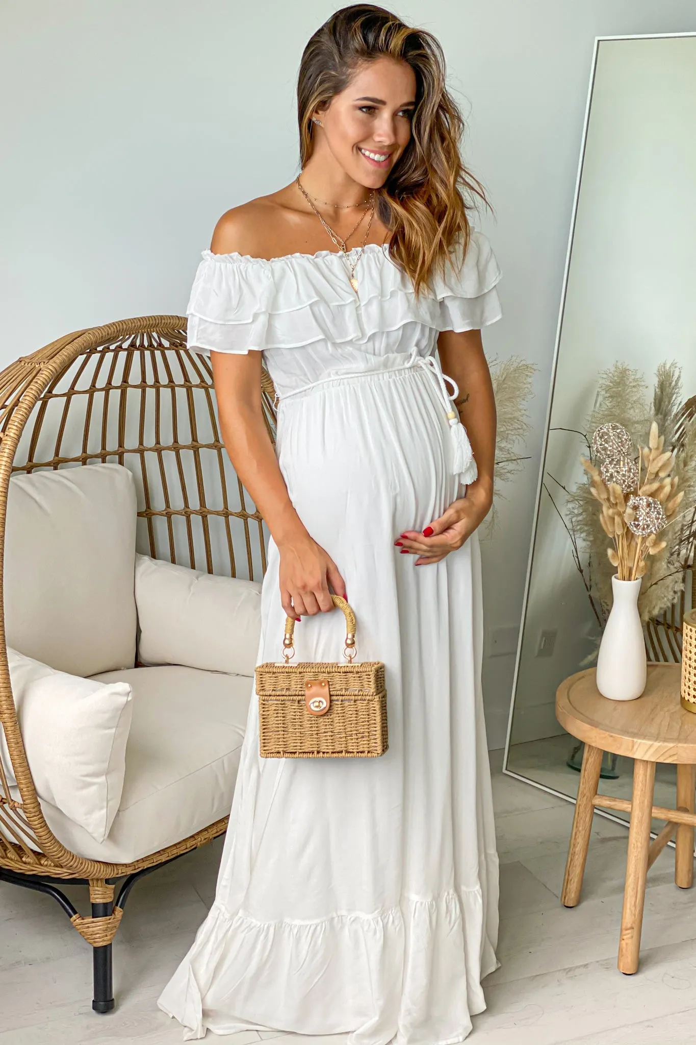 Off White Off Shoulder Waist Tie Maternity Maxi Dress