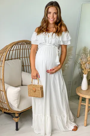 Off White Off Shoulder Waist Tie Maternity Maxi Dress