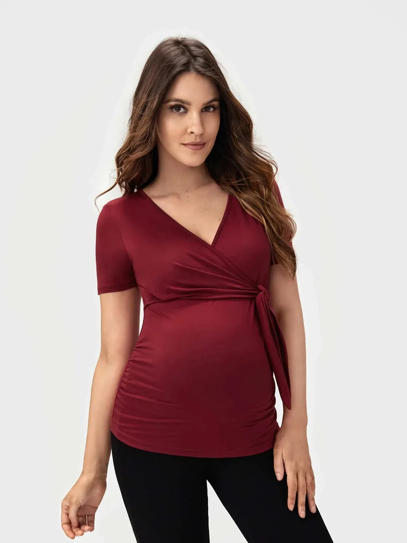 Pregnant women's pleated side care T-shirt cross casual bottom shirt short sleeved top