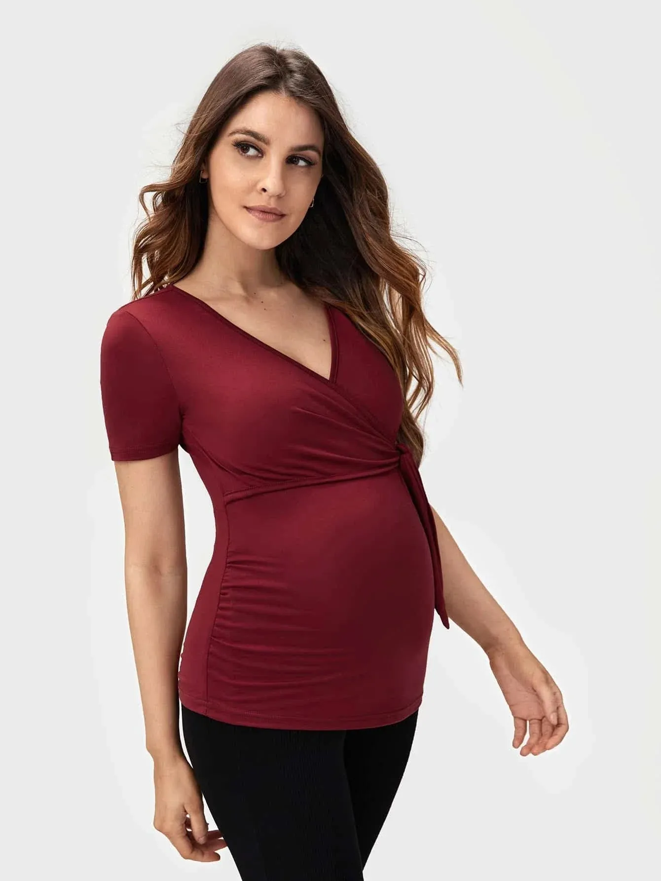 Pregnant women's pleated side care T-shirt cross casual bottom shirt short sleeved top