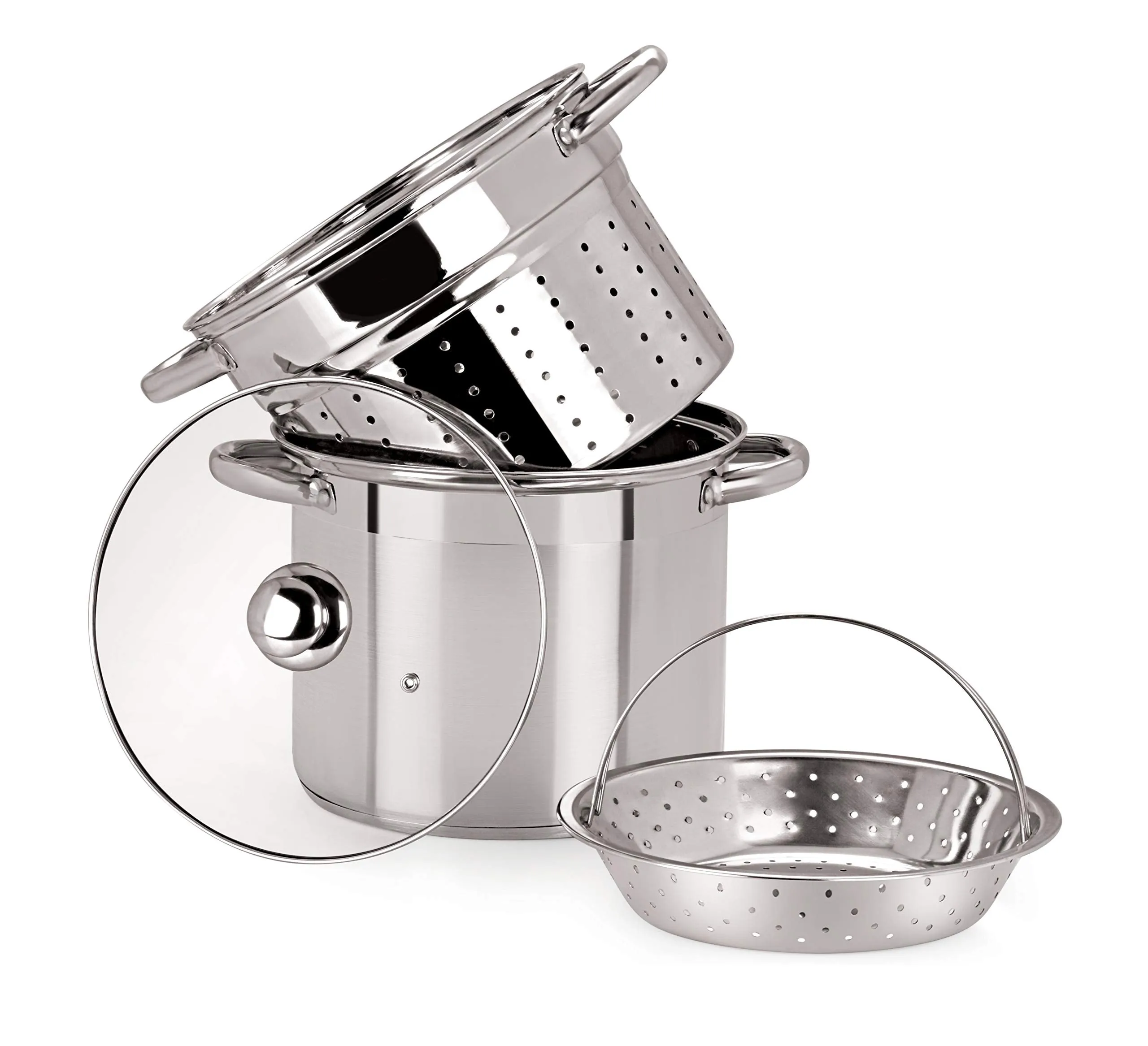 Pristine Stainless Steel Multi Purpose Steamer Set with Glass Lid/Steamer/Modak/Momo Maker with Glass Lid 5qt / 4.7Ltrs, 2 Inner PCS (4 Piece, Silver)