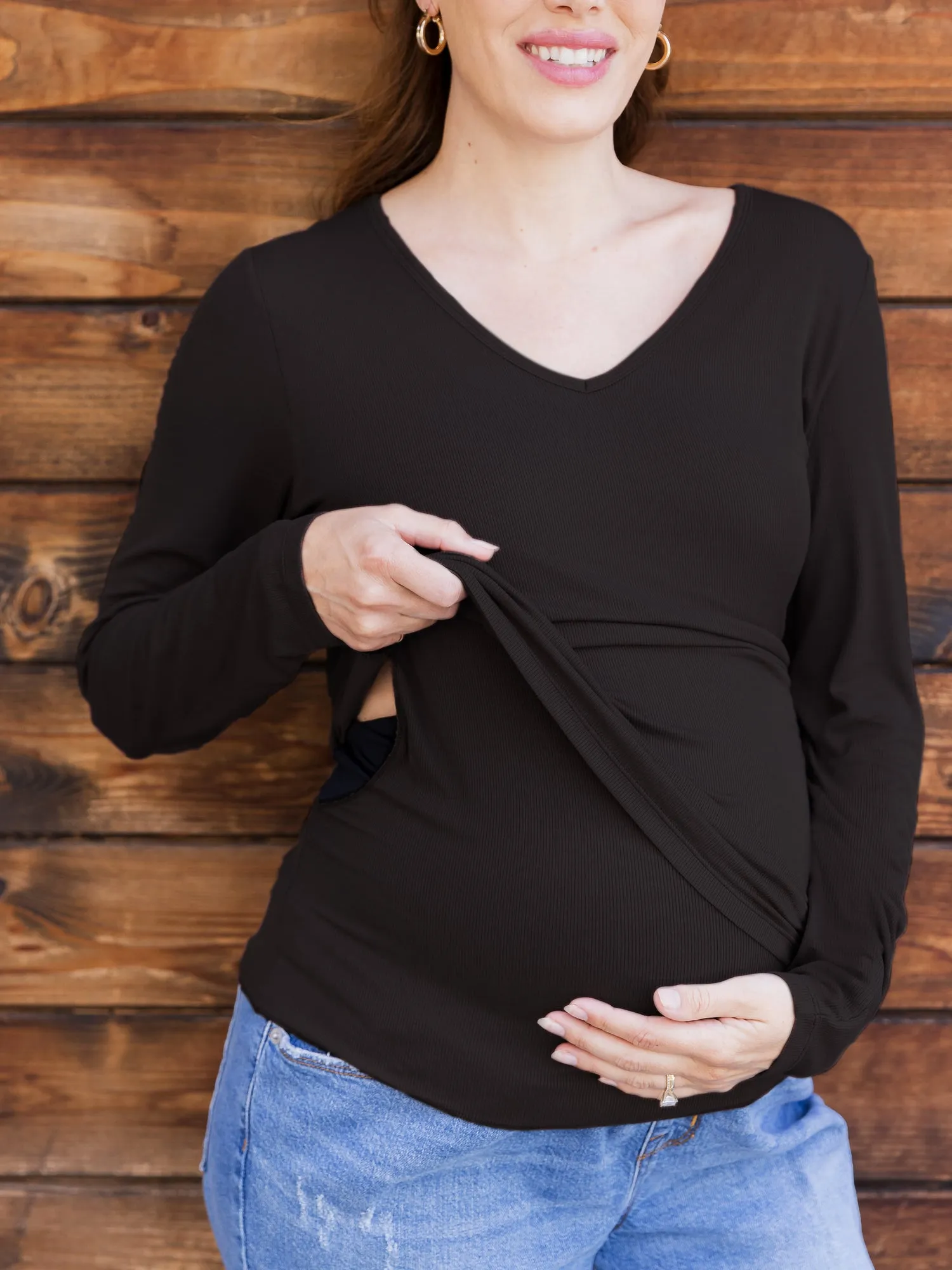 Ribbed Bamboo Maternity & Nursing Long Sleeve T-shirt | Black