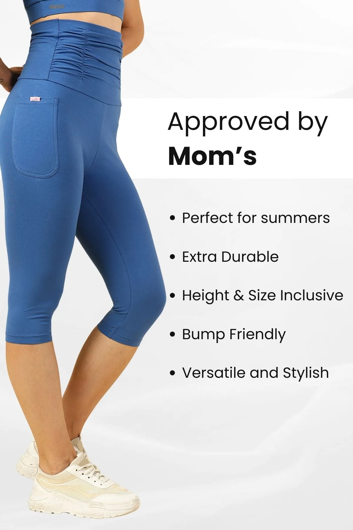 Ruched Cotton Blue Maternity Capri (Pregnancy & Postpartum)