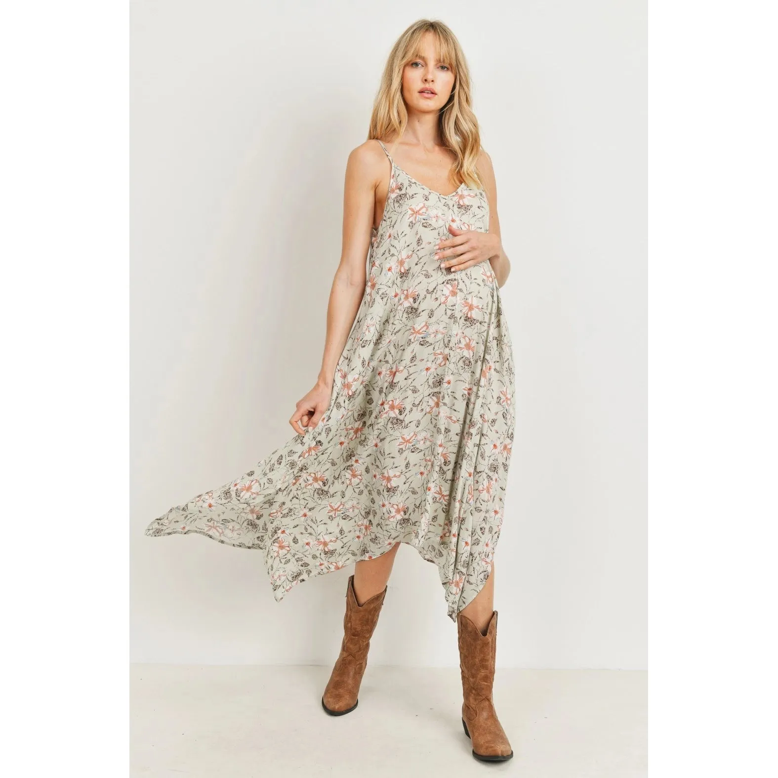 Sage Floral Spaghetti Strap Maternity Midi Dress