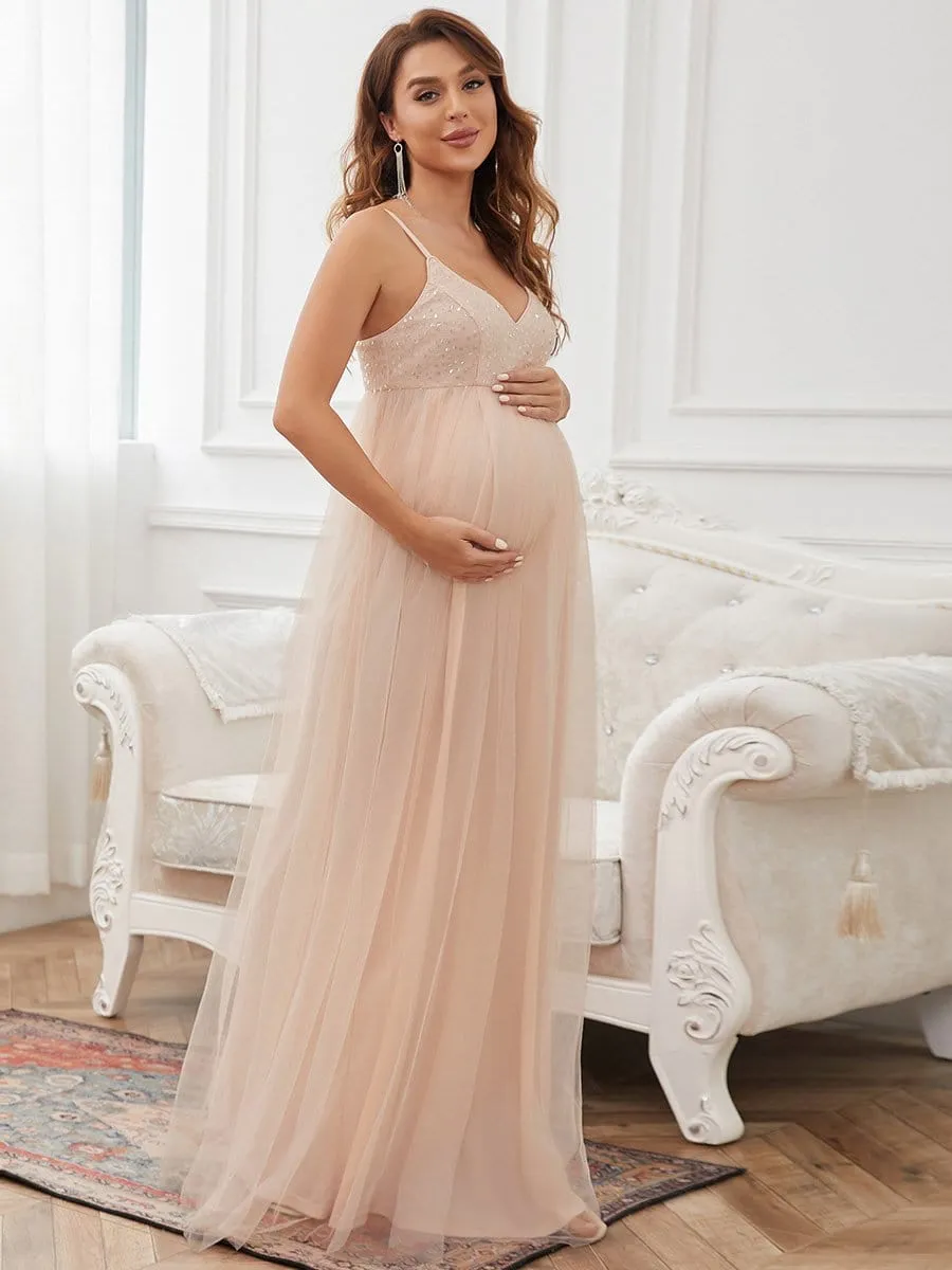 Sequin Spaghetti Strap A-Line Tulle Formal Maternity Dress